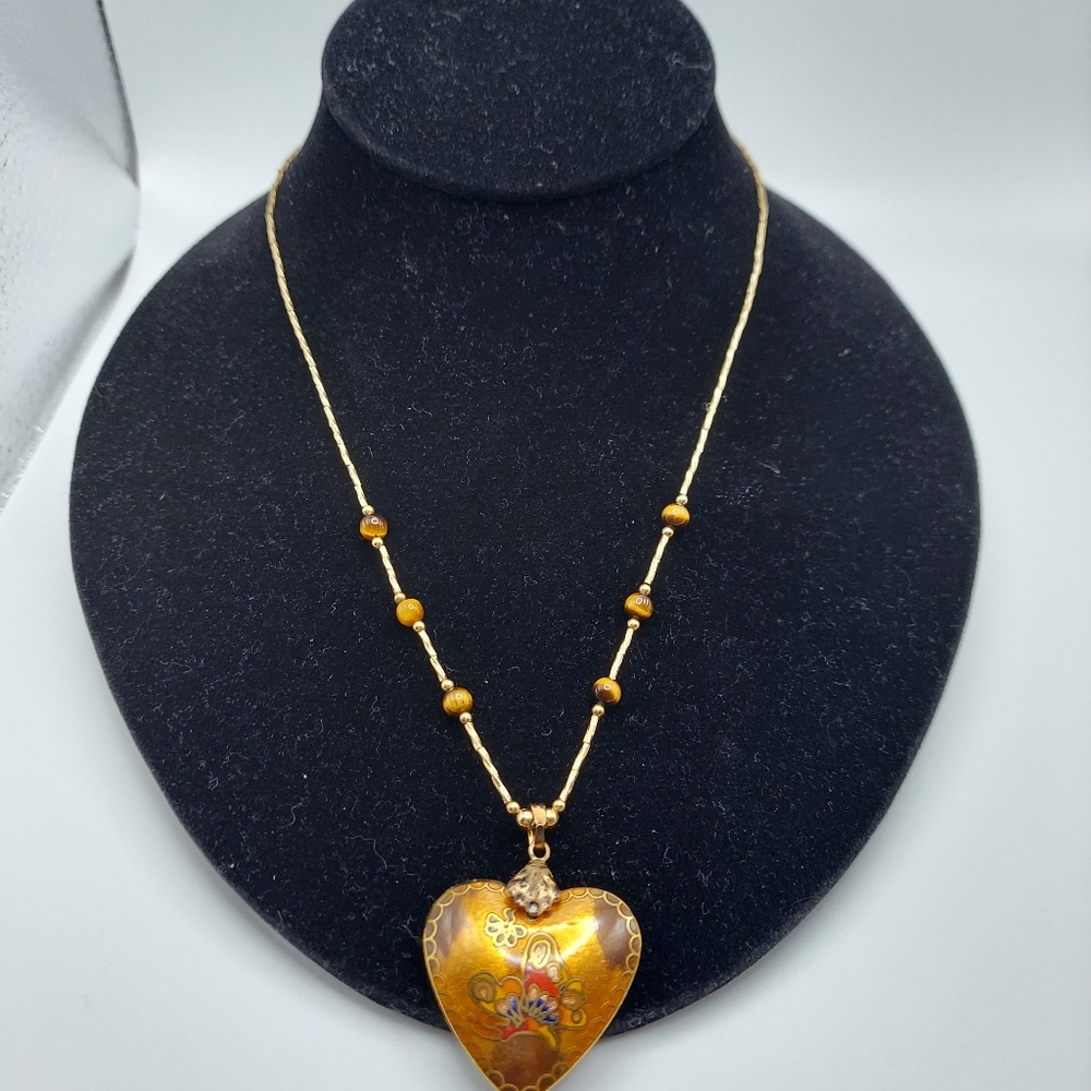 Vintage Cloisonne Heart Pendant w/ Chain&Tigers Eye Beads, VGC.